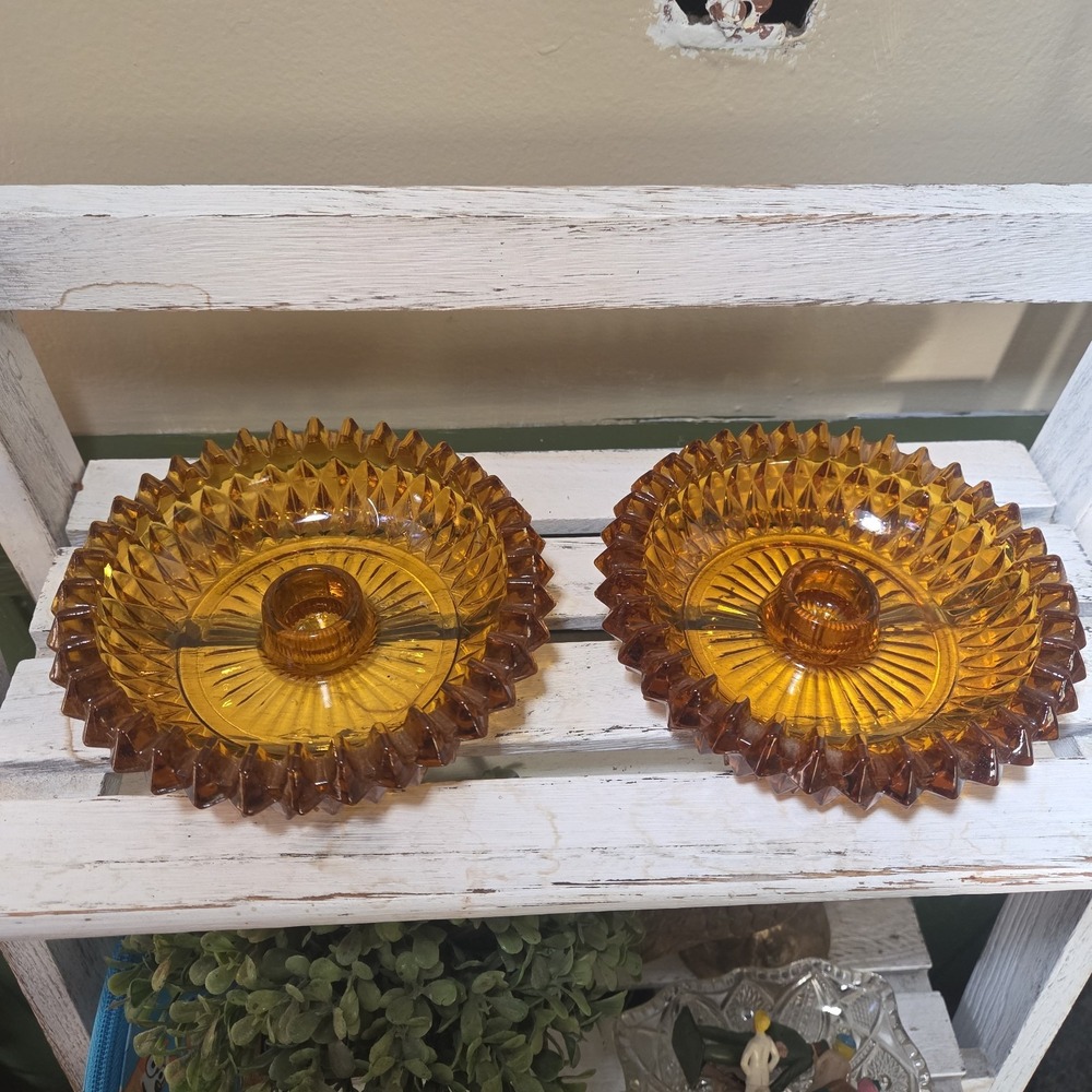 Vintage Set Of 2 Indiana Glass Tiara Amber Diamond Point Glass Candle Holders